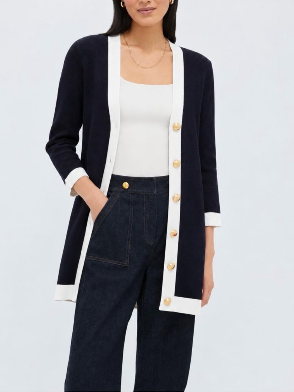 Tuckernuck Navy and Cream Trim Knit Liv Cardigan - NWT XS